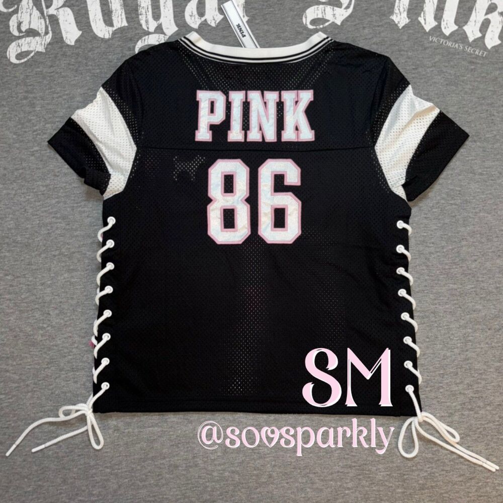 VS PINK Varsity Lace-Up Football Mesh Jersey Pink & White Embroidered 86 SM